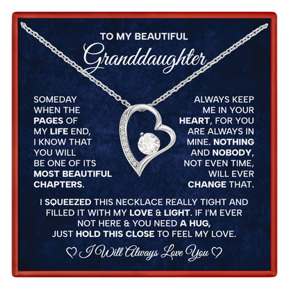 Granddaughter Necklace with heart design on a dark blue background with text