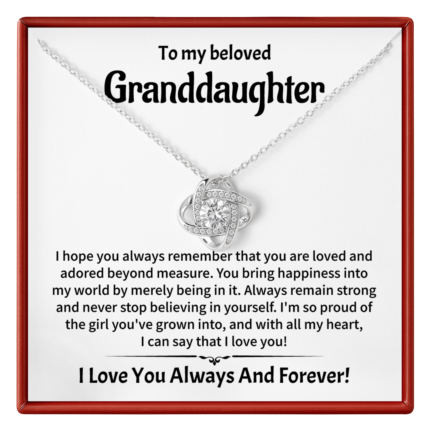 Necklace with heart pendant on a card addressed to a granddaughter, expressing love and pride.