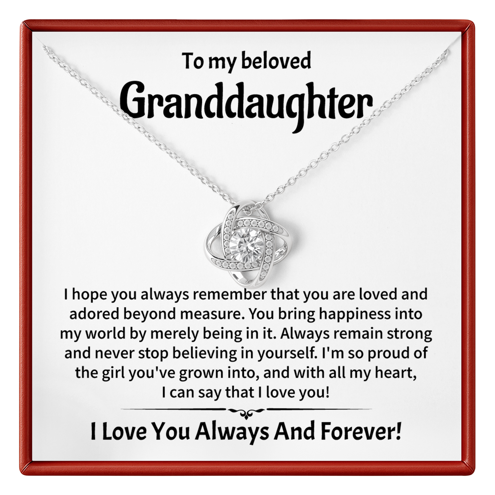 Necklace with heart pendant on a card addressed to a granddaughter, expressing love and pride.