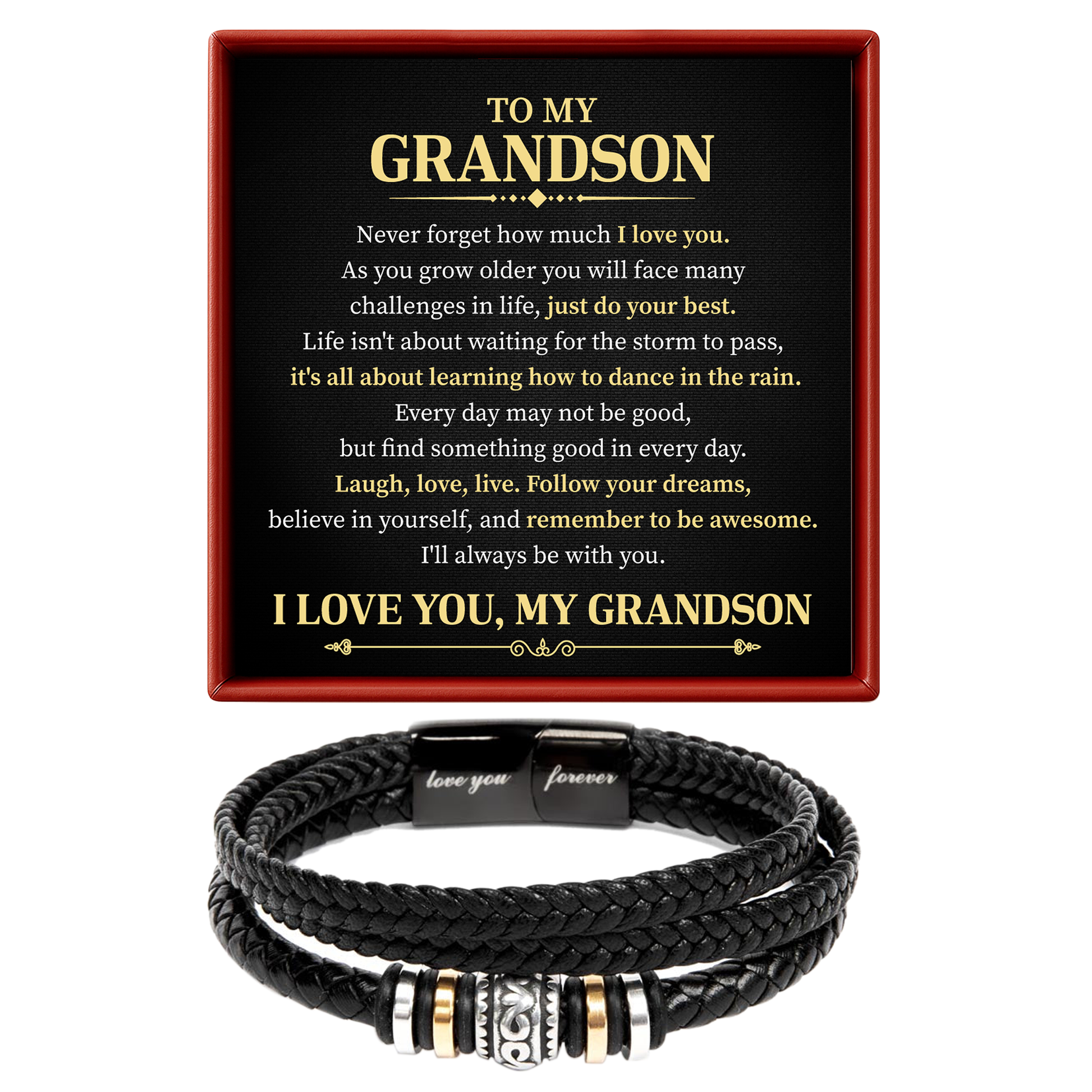 black braided bracelet with engraved message on a white background for grandson