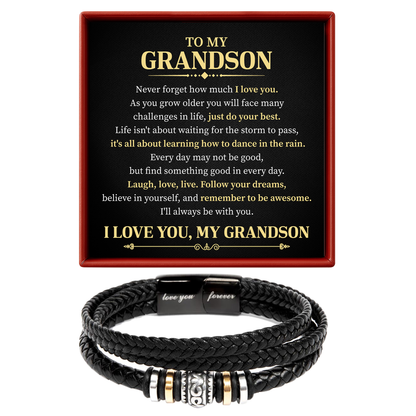 black braided bracelet with engraved message on a white background for grandson