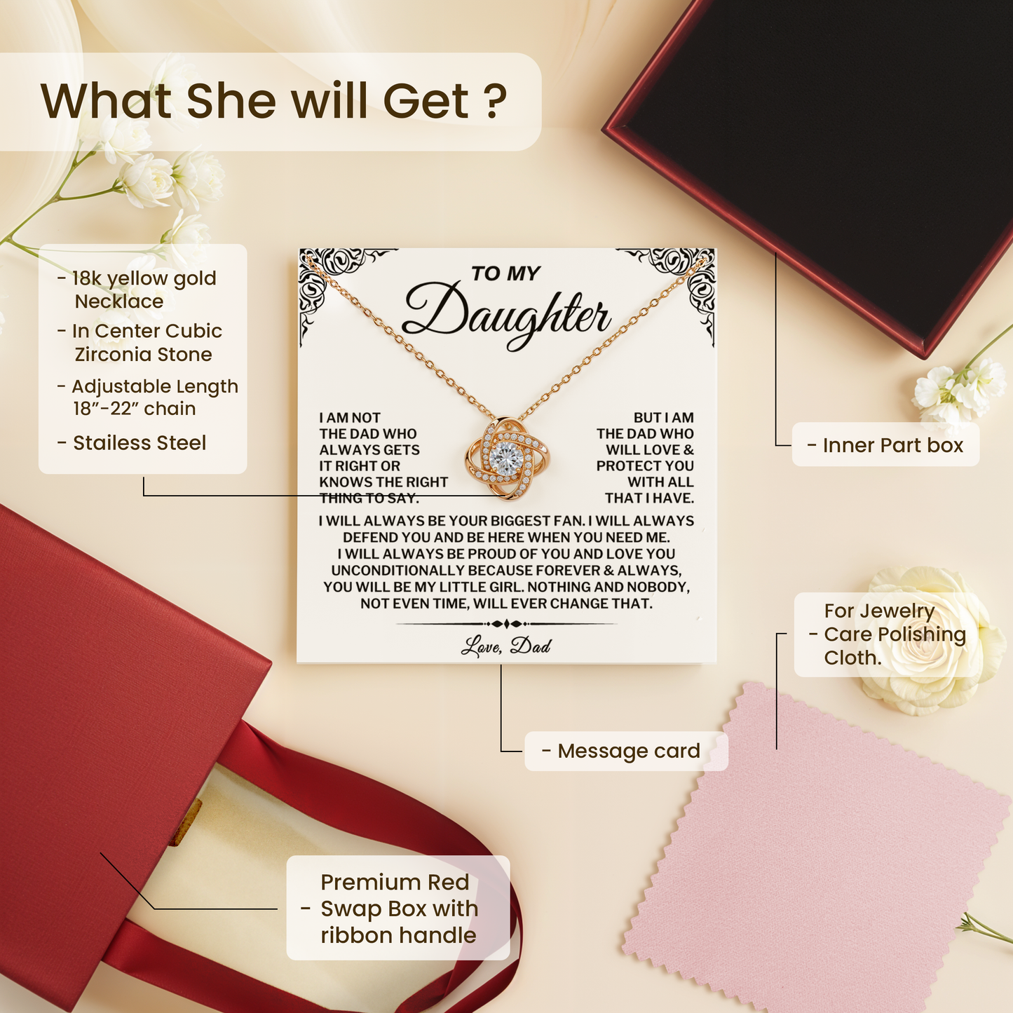 To My Daughter Love Knot Necklace, Emotional Gift from Dad with Message