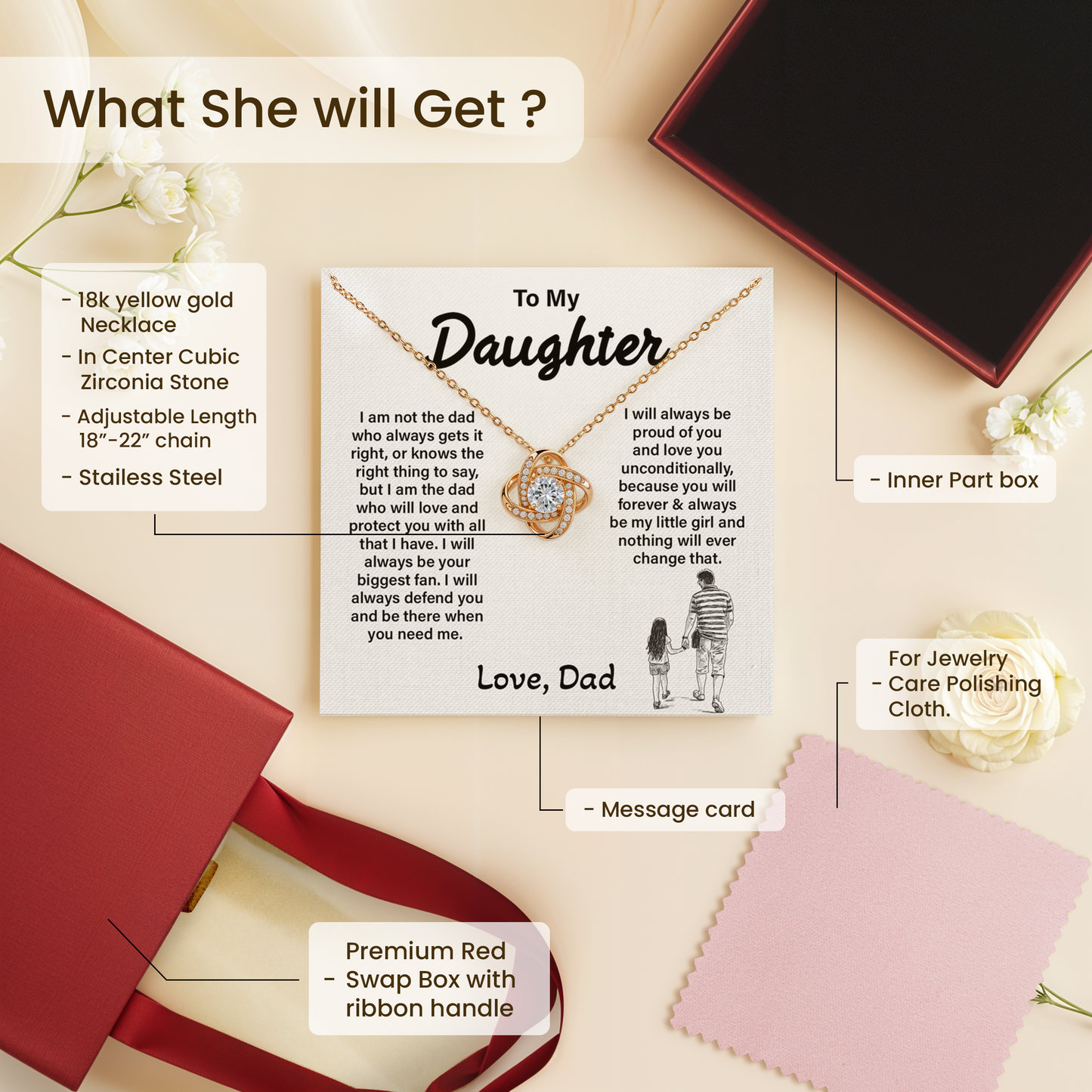 Daughter Necklace from Dad - Forever My Little Girl Love Knot Jewelry Gift