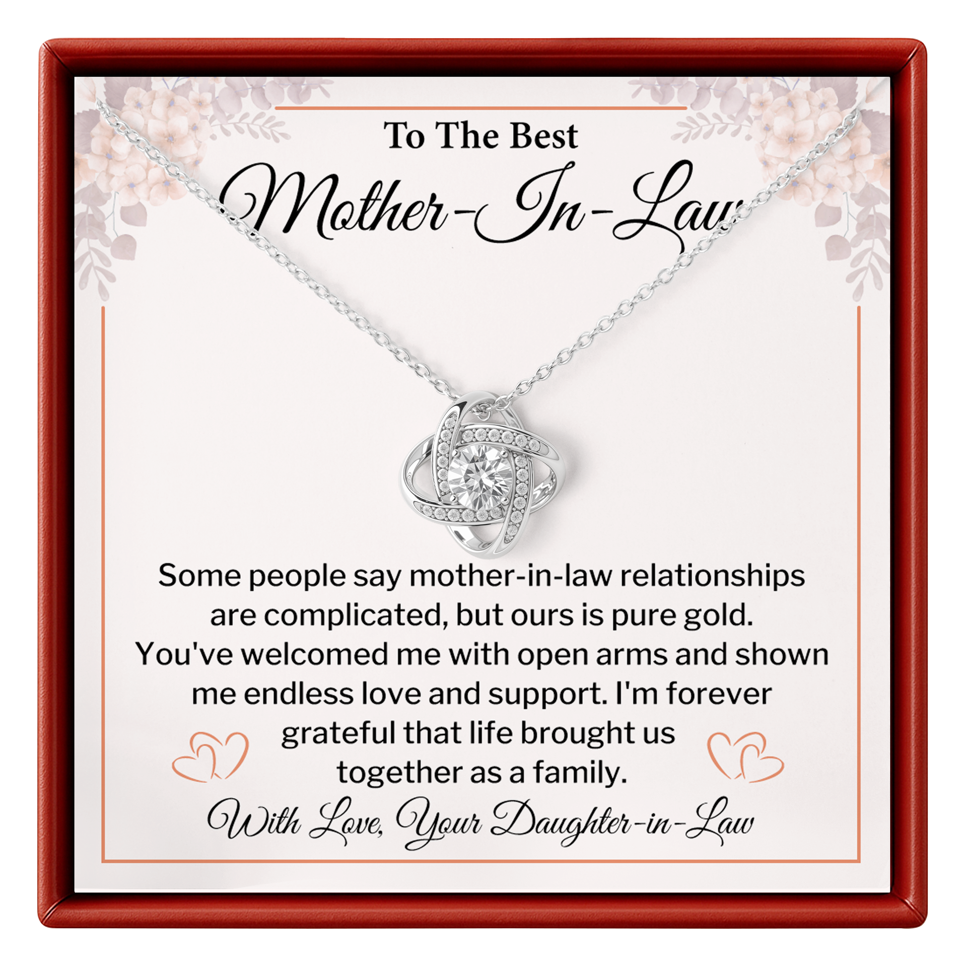 Necklace with a sentimental message card for the best mother-in-law