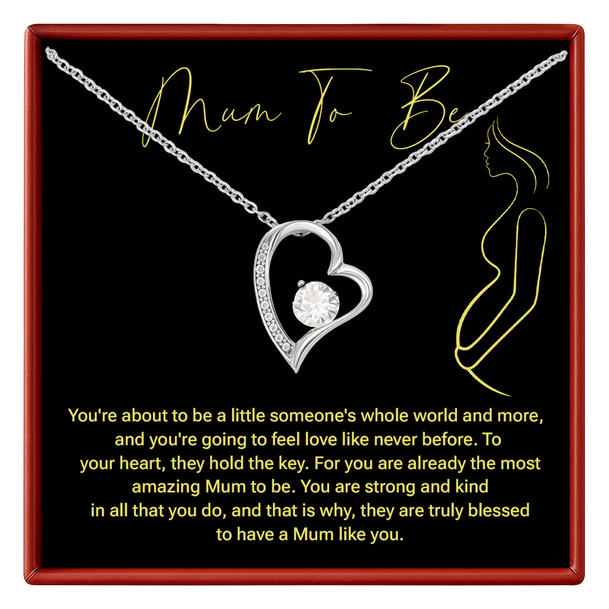 Necklace with heart design on a card for 'Mum To Be' with sentimental text.