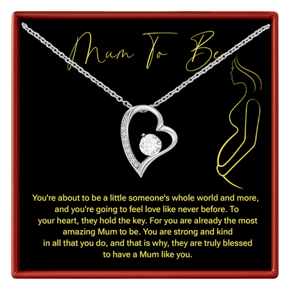 Necklace with heart design on a card for 'Mum To Be' with sentimental text.