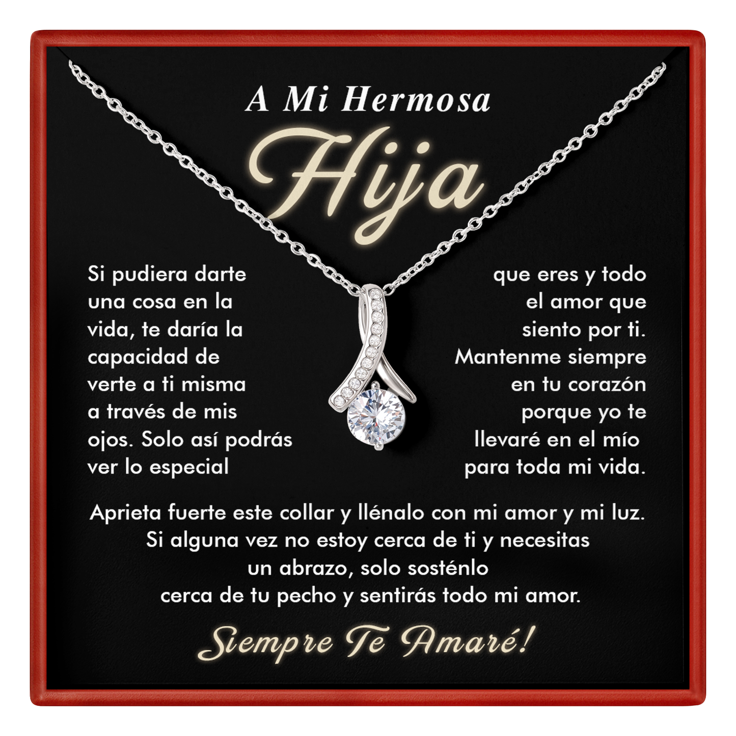 Necklace with a diamond pendant on a black card with Spanish text, framed by a red border.