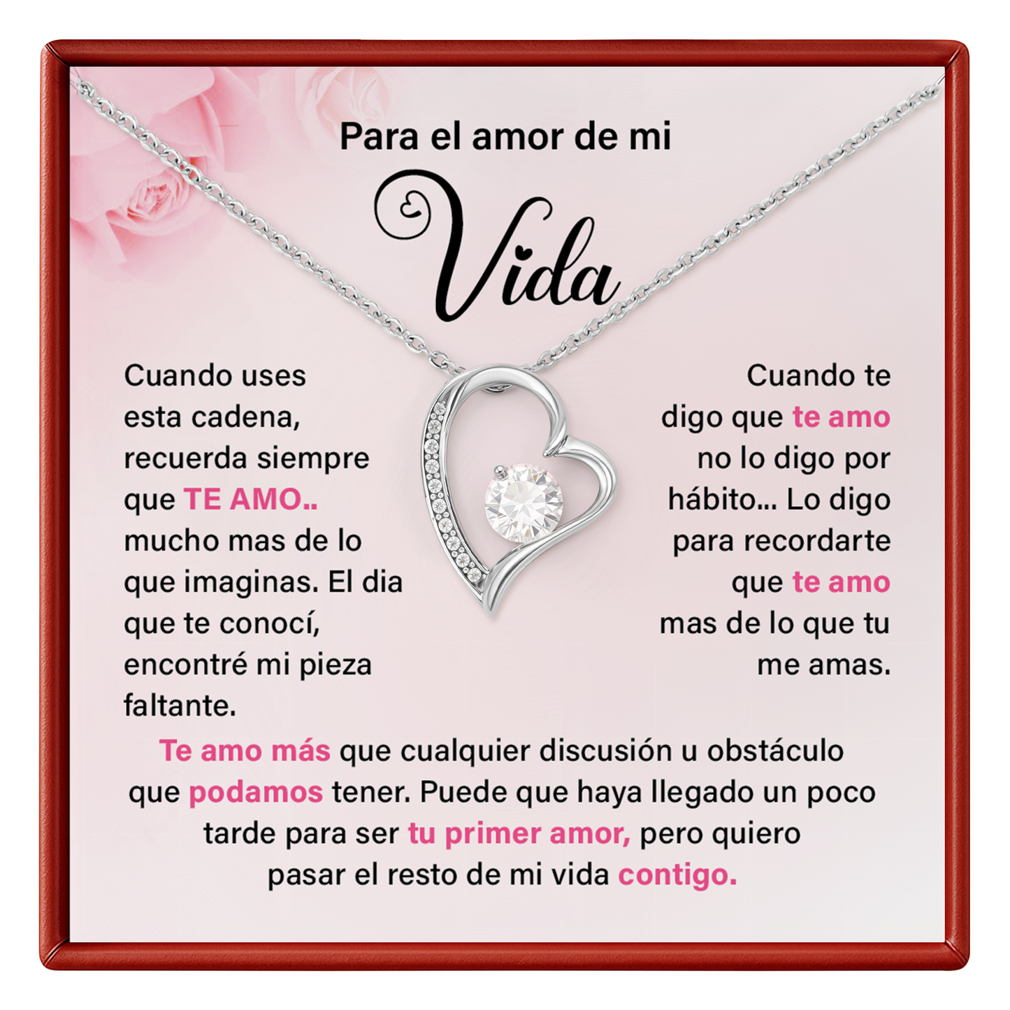 Necklace with heart design and sentimental message on a pink card