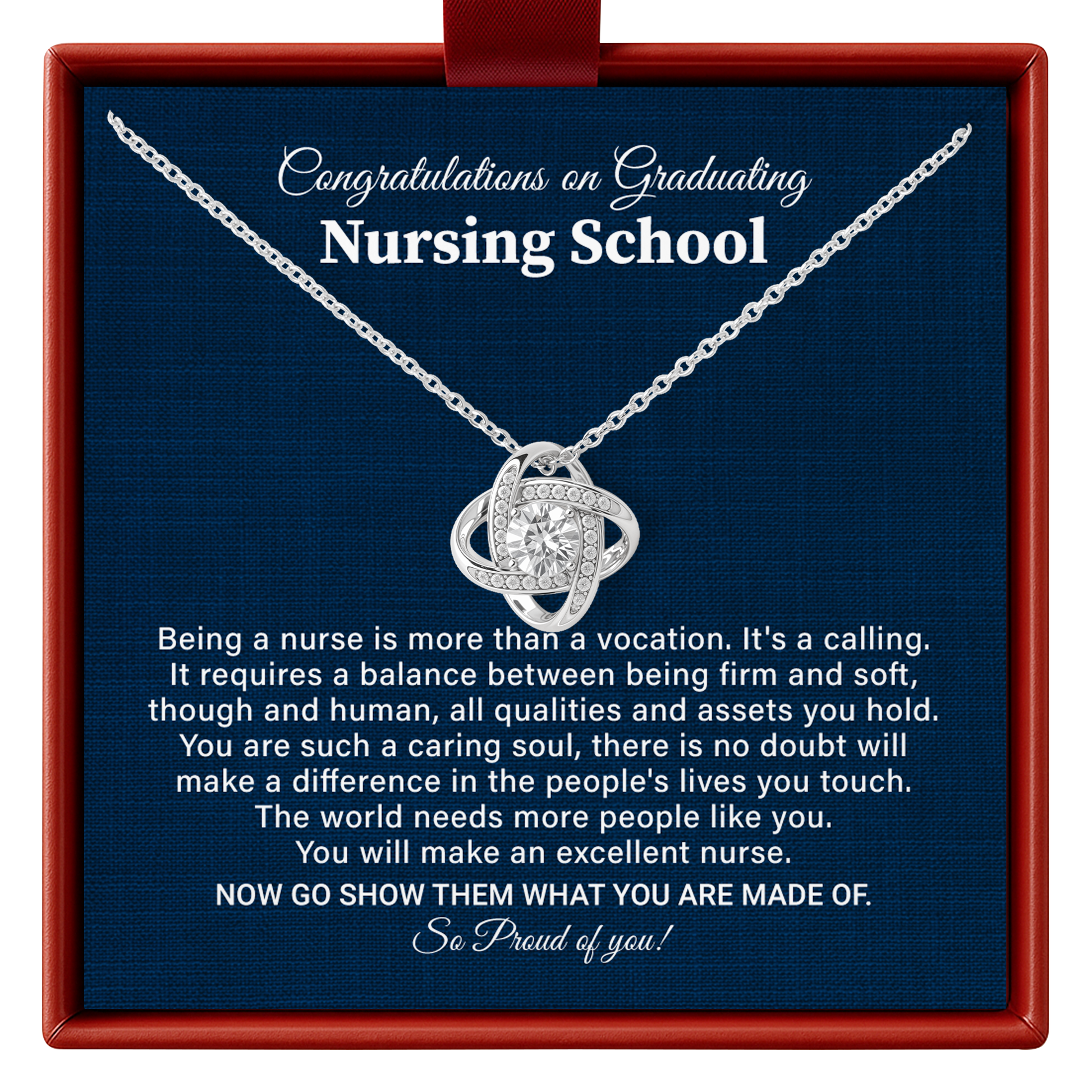 Necklace with a sentimental message card for graduating nursing school on a blue background
