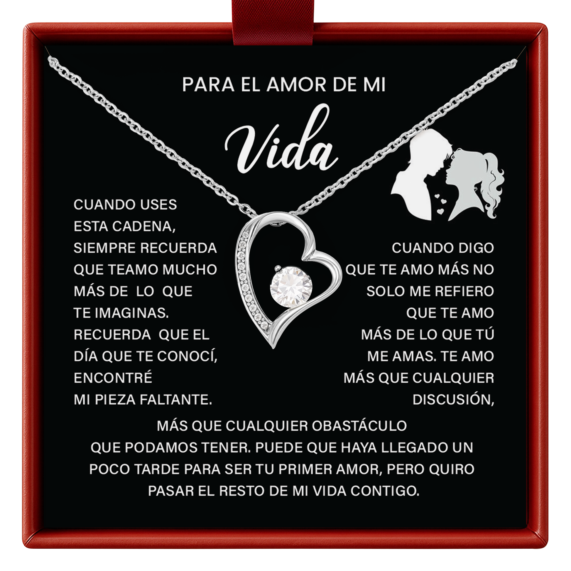 Vida necklace gift with heart pendant in a jewelry box with Spanish text