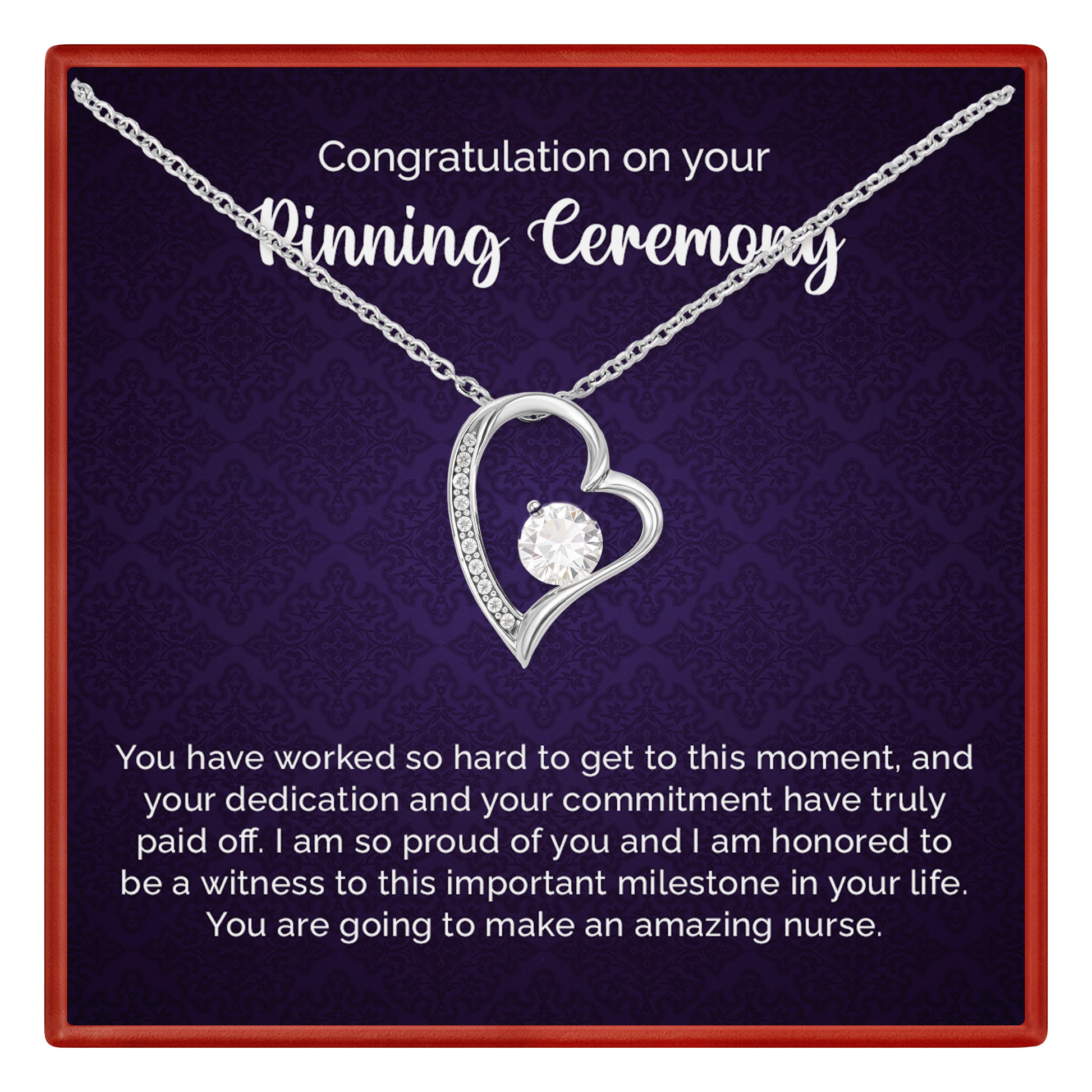 Heart-shaped necklace with a message card for a pinning ceremony on a dark background