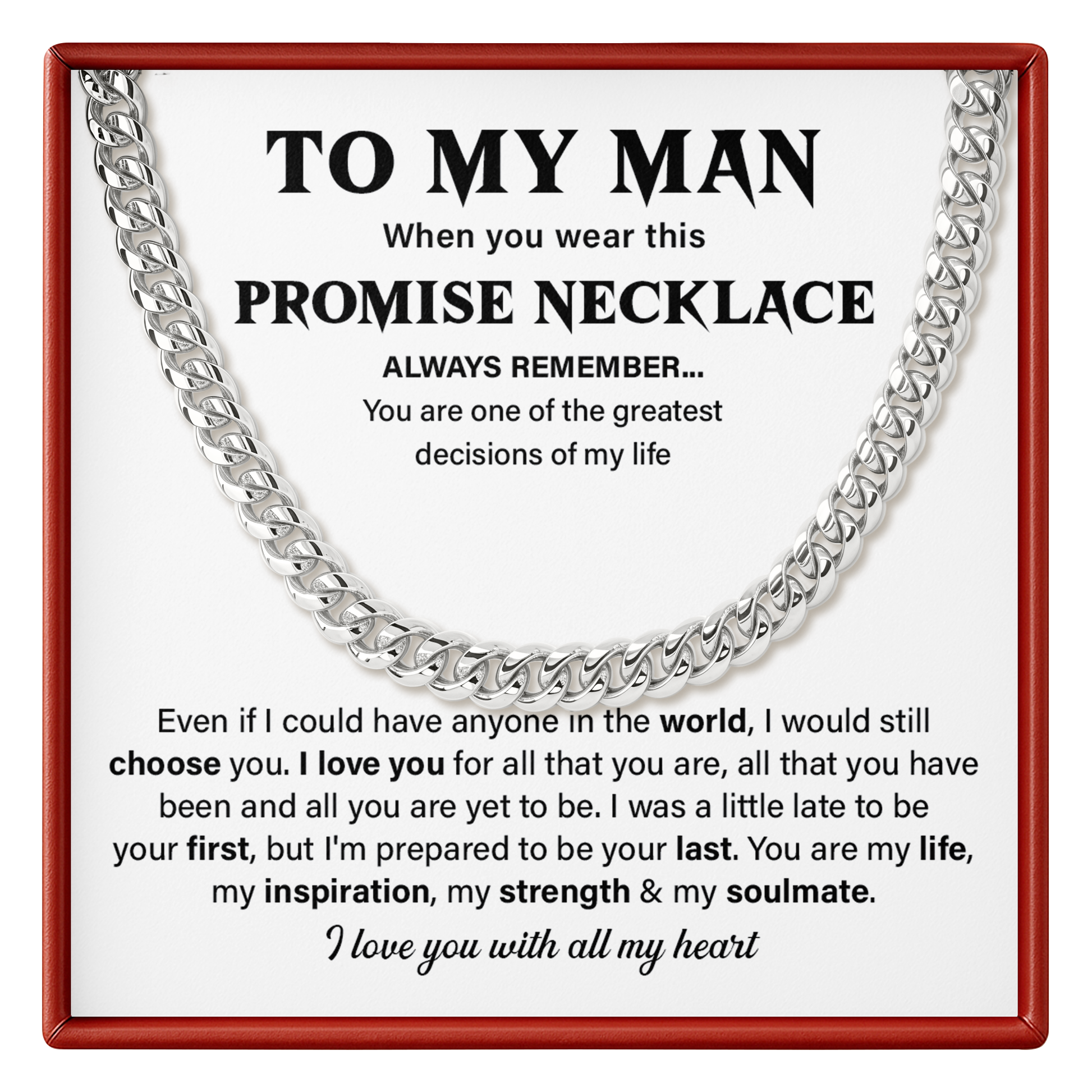 Silver promise necklace on a card with sentimental message for a man
