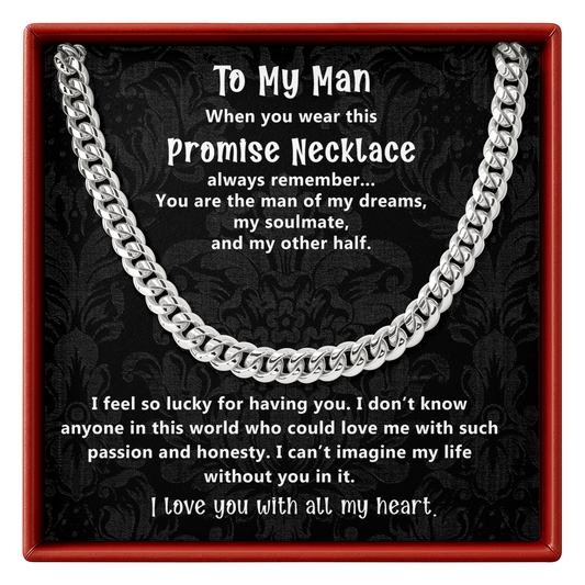 Silver chain necklace in a decorative box with sentimental text for your man