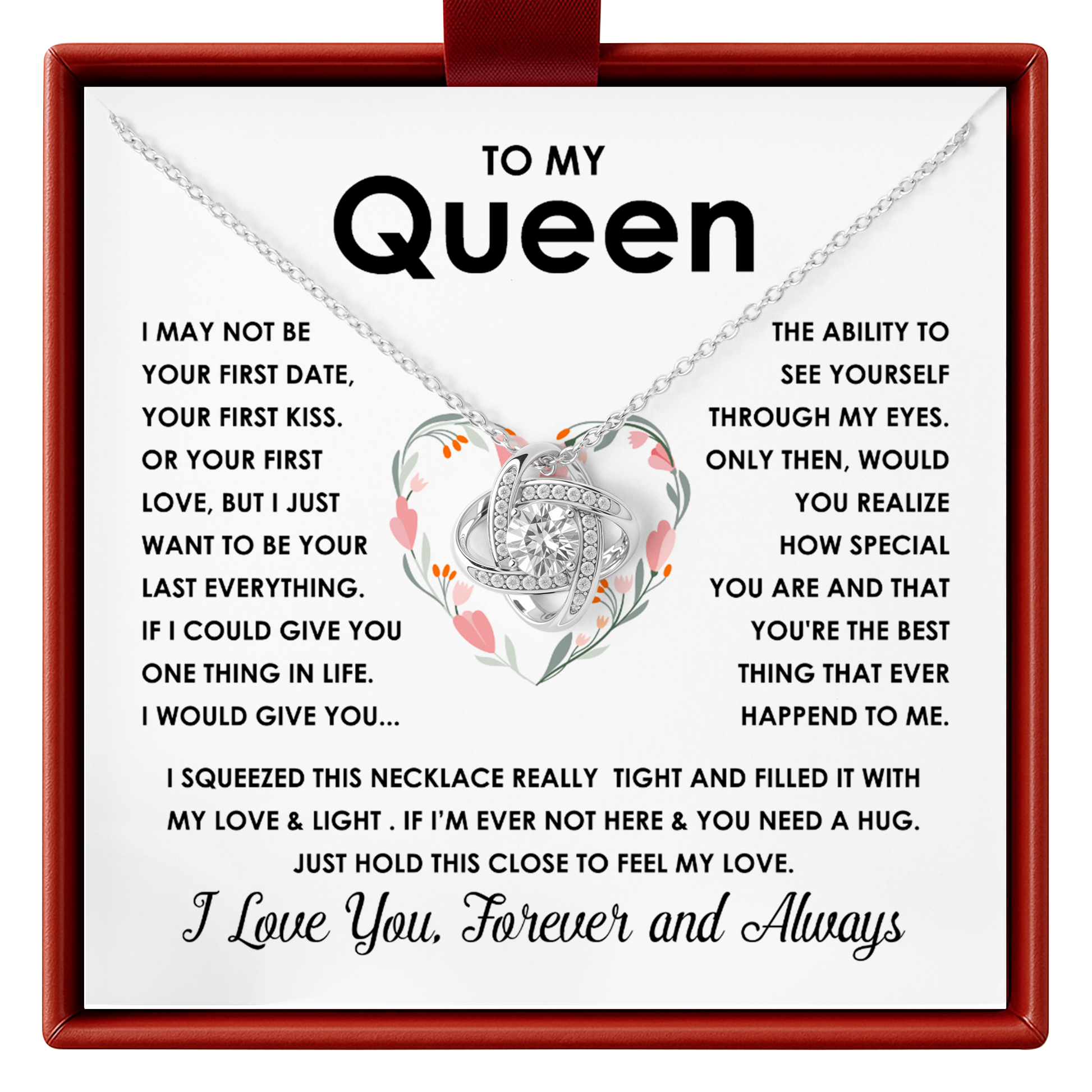 Necklace with heart-shaped pendant and romantic message card in a red box.