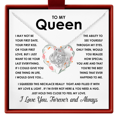 Necklace with heart-shaped pendant and romantic message card in a red box.
