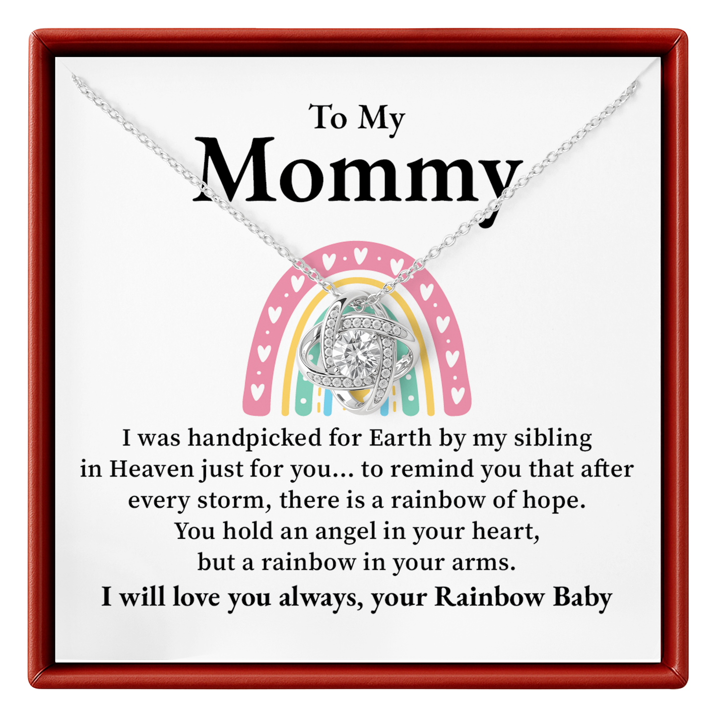 necklace with rainbow design and message card for 'To My Mommy' in a red box.
