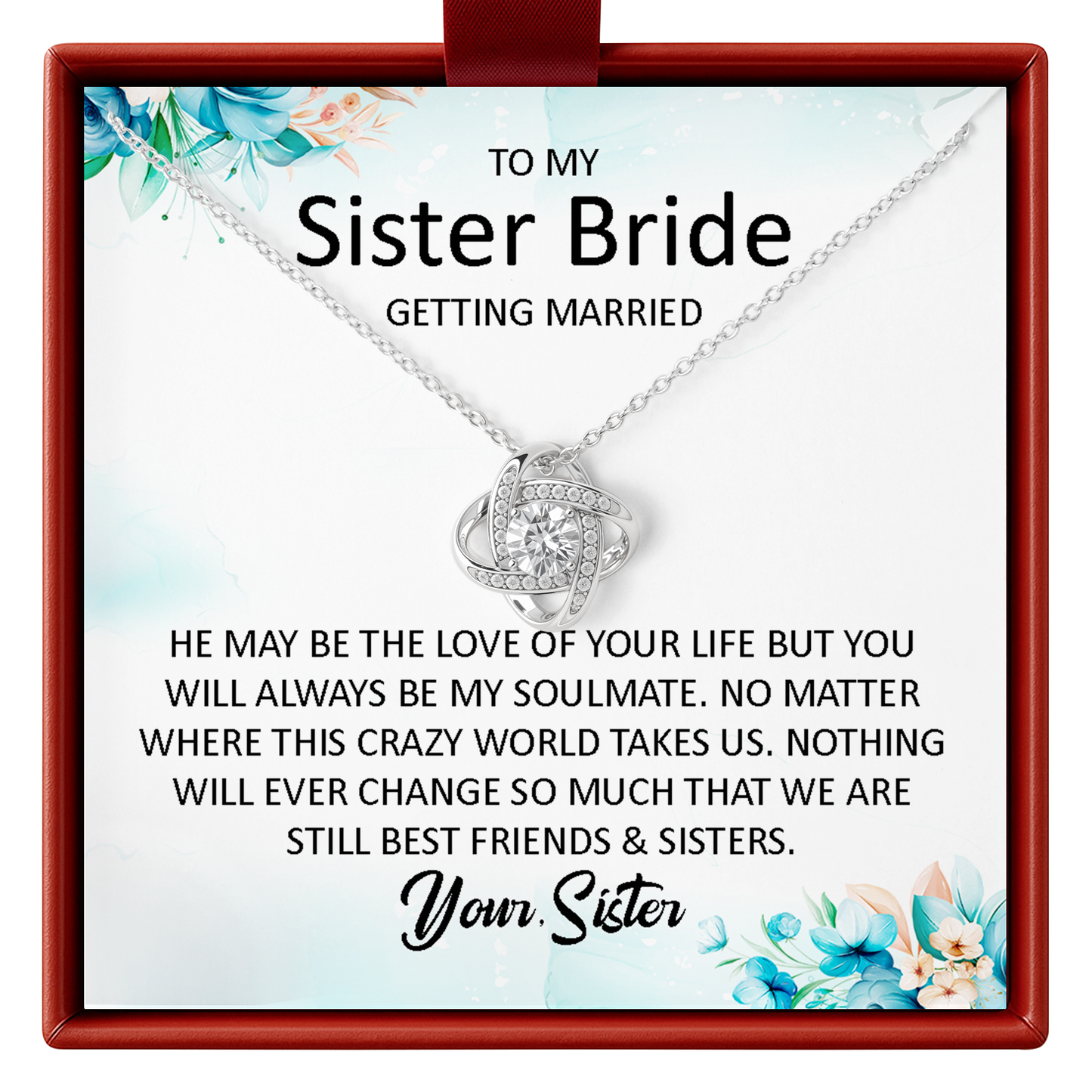 Necklace with sentimental message card for sister bride on a white background