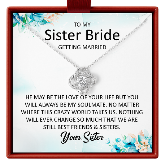 Necklace with sentimental message card for sister bride on a white background