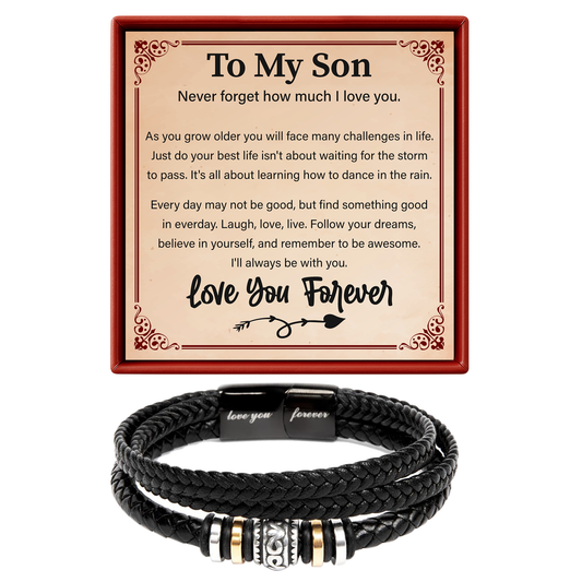 Black braided bracelet with metal charms and a card with text for a son on a white background
