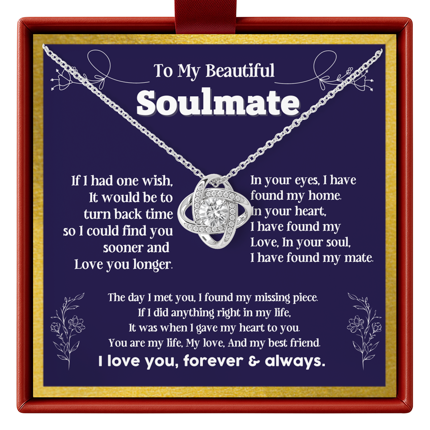 Necklace with heart pendant on a decorative card for a 'Beautiful Soulmate'.