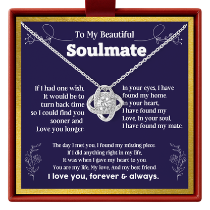 Necklace with heart pendant on a decorative card for a 'Beautiful Soulmate'.
