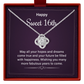 Silver necklace with a heart pendant in a 'Happy Sweet 16th' gift box.