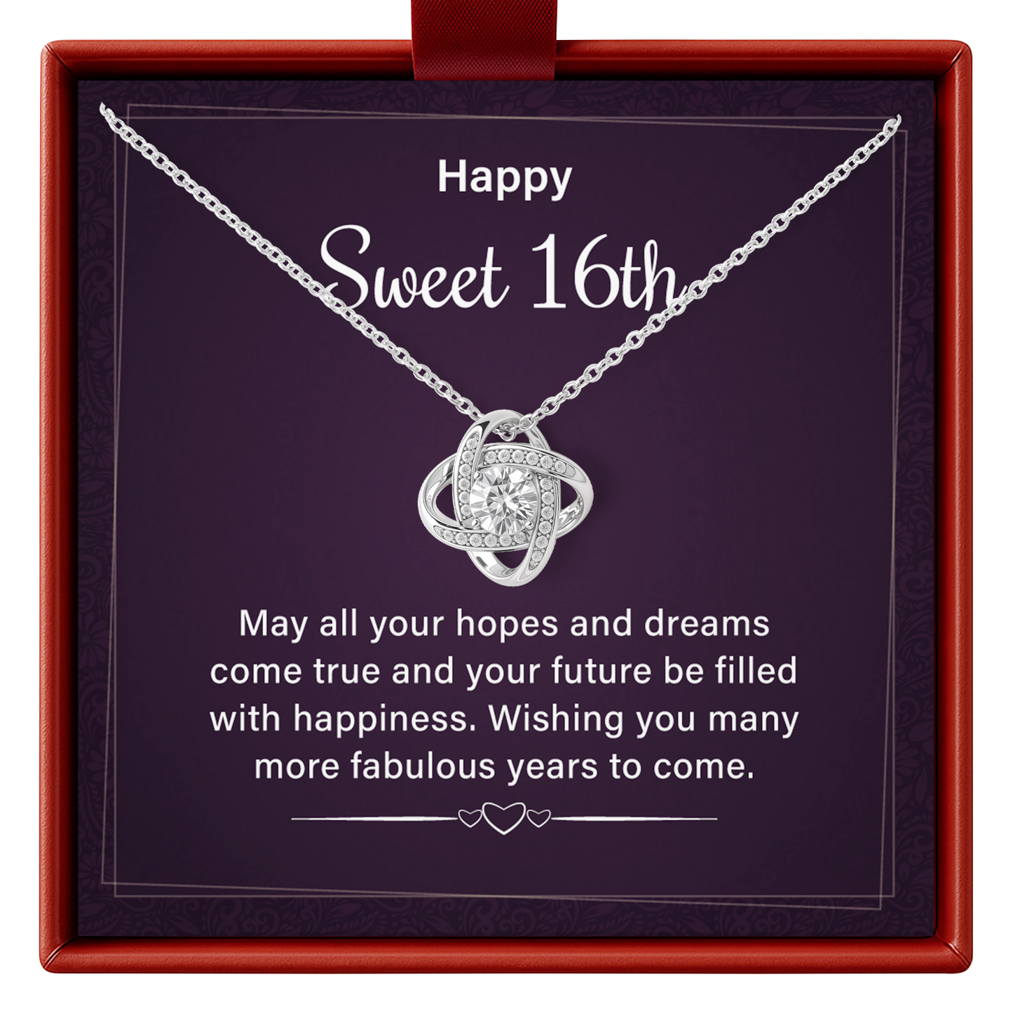 Silver necklace with a heart pendant in a 'Happy Sweet 16th' gift box.