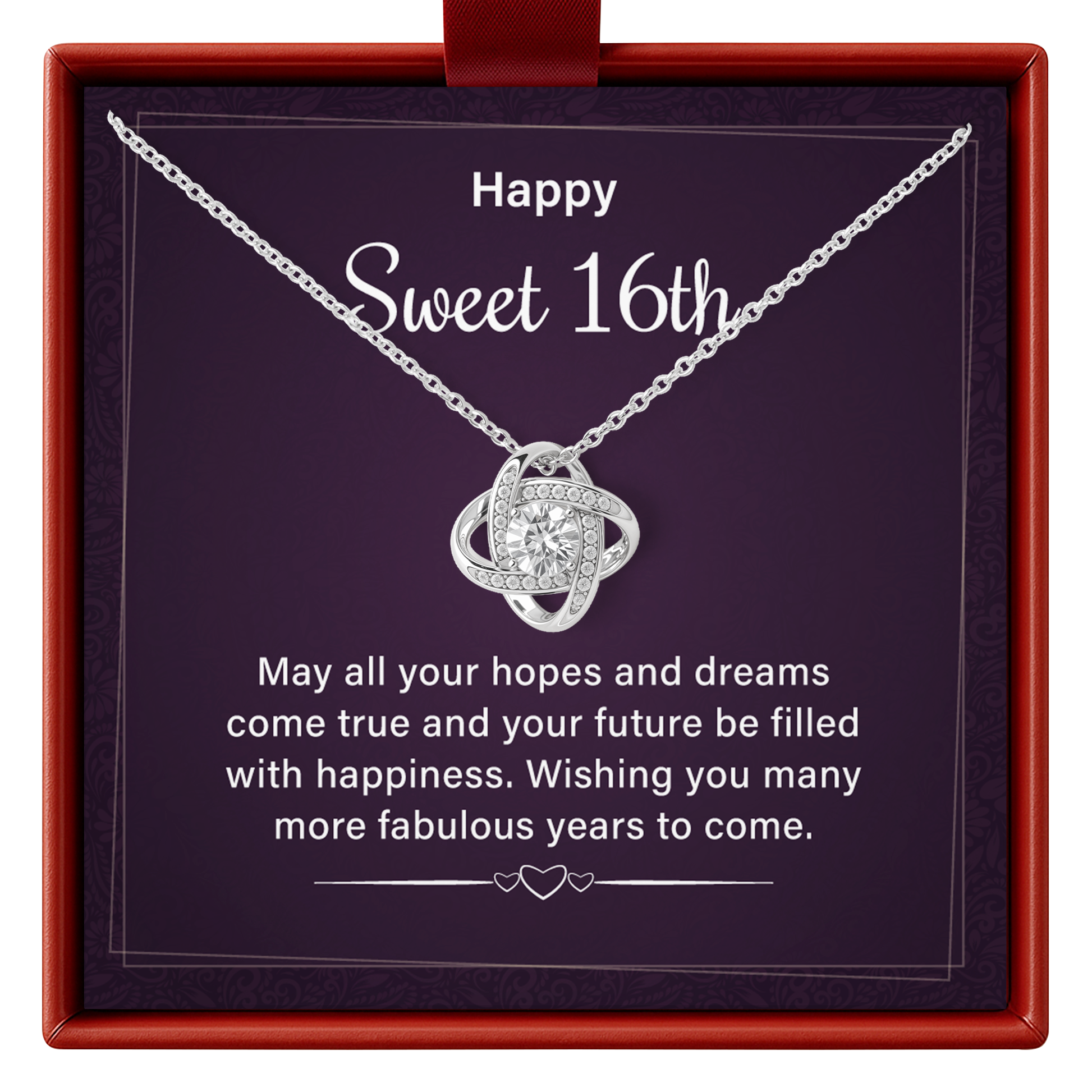 Silver necklace with a heart pendant in a 'Happy Sweet 16th' gift box.