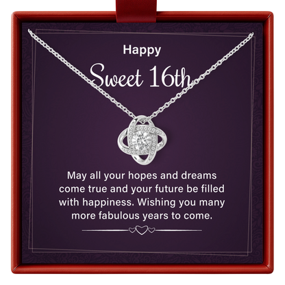 Silver necklace with a heart pendant in a 'Happy Sweet 16th' gift box.