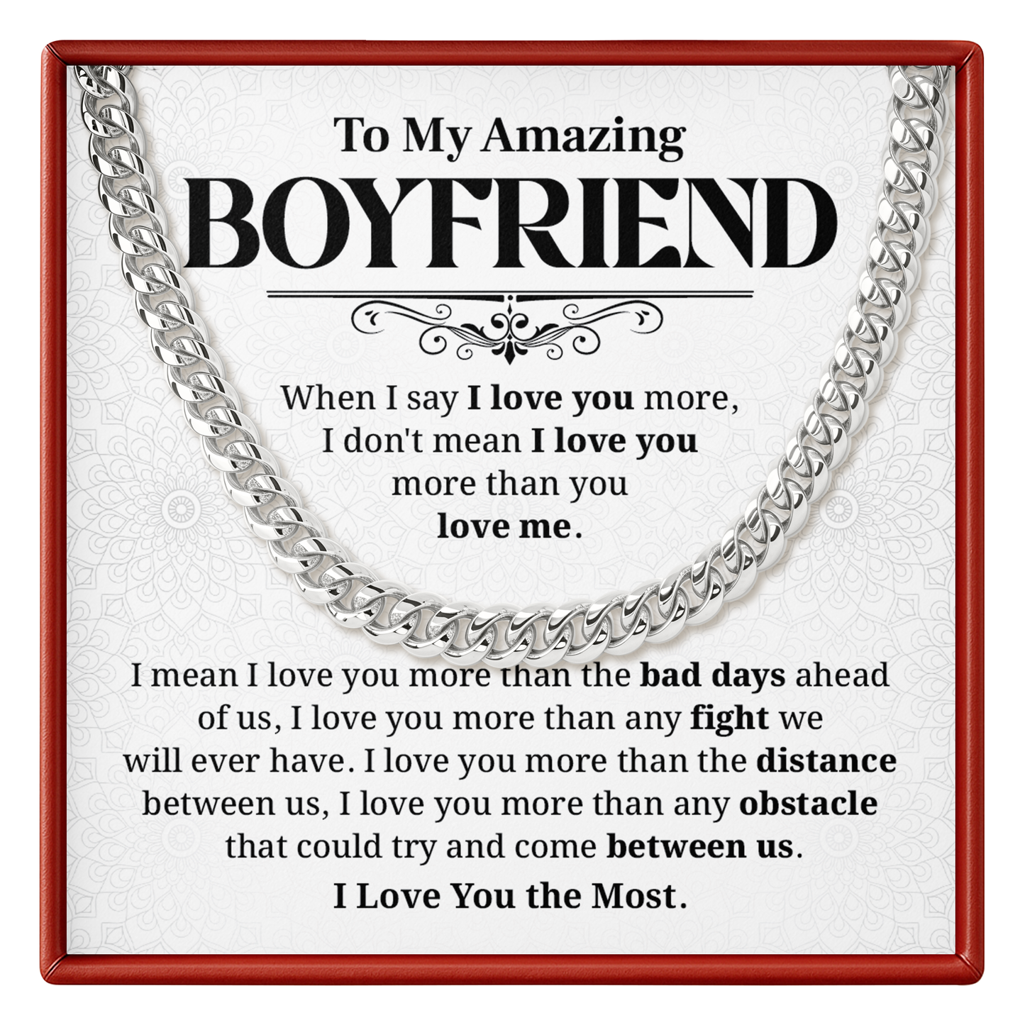 Silver chain necklace on a card with romantic message for an amazing boyfriend