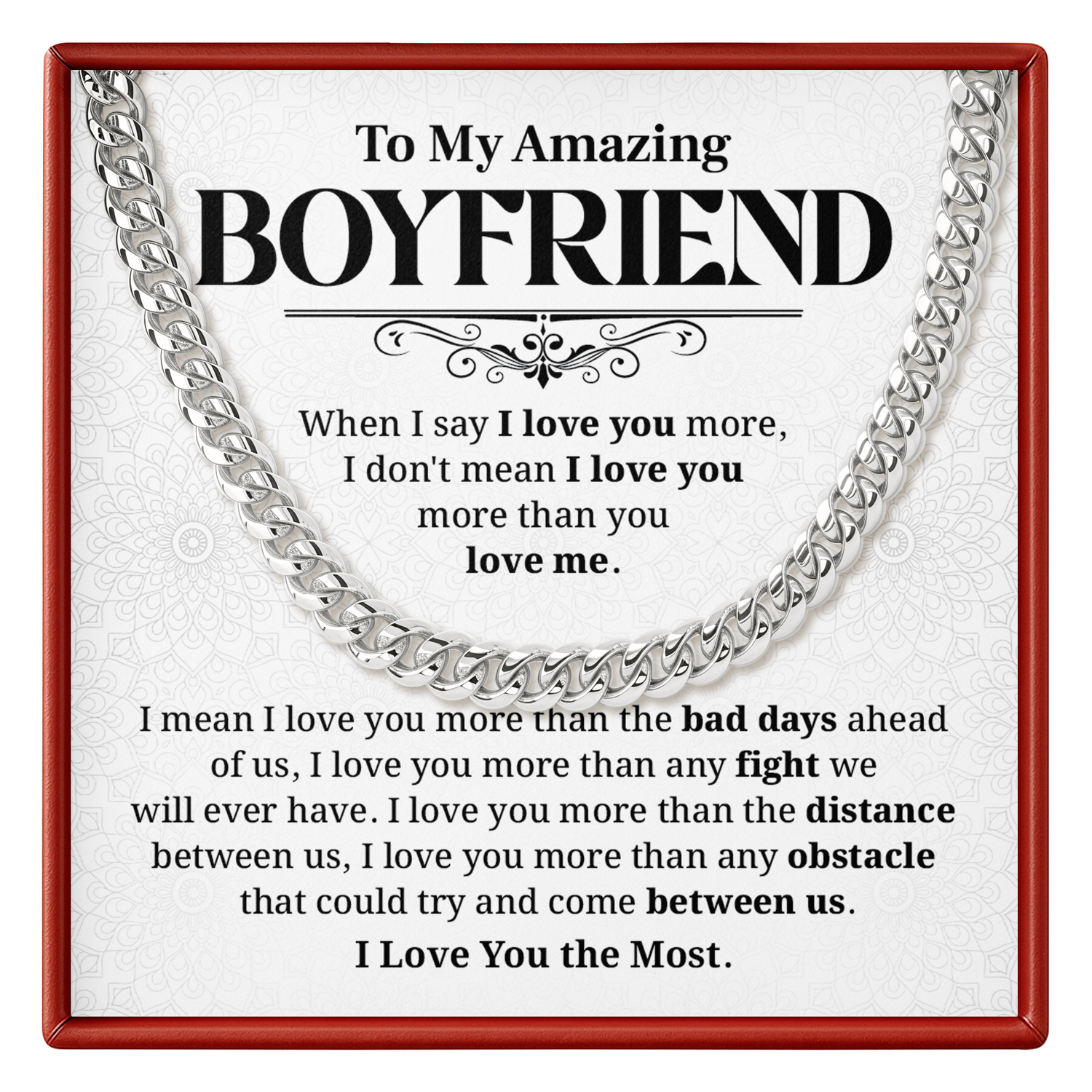 Silver chain necklace on a card with romantic message for an amazing boyfriend