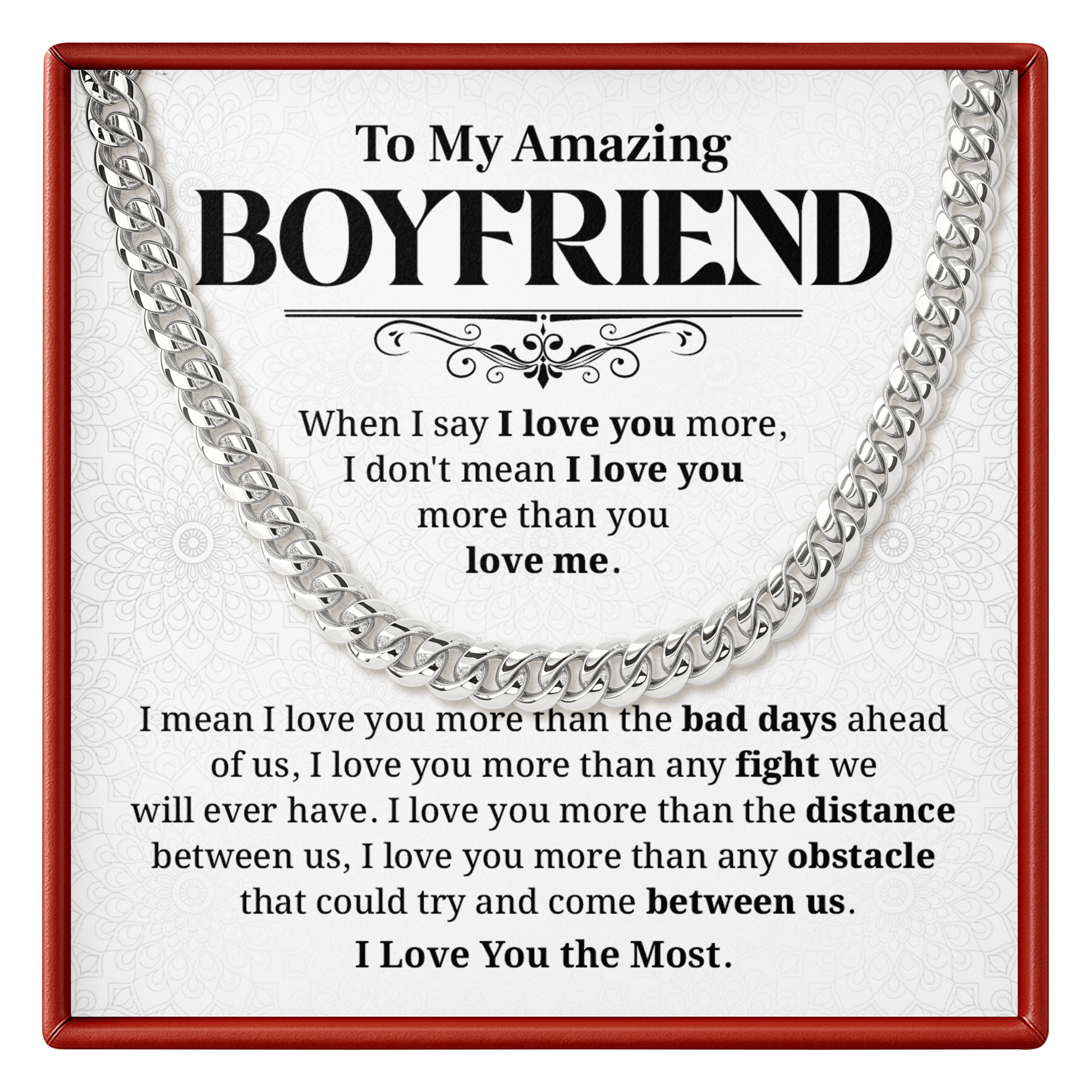 Silver chain necklace on a card with romantic message for an amazing boyfriend