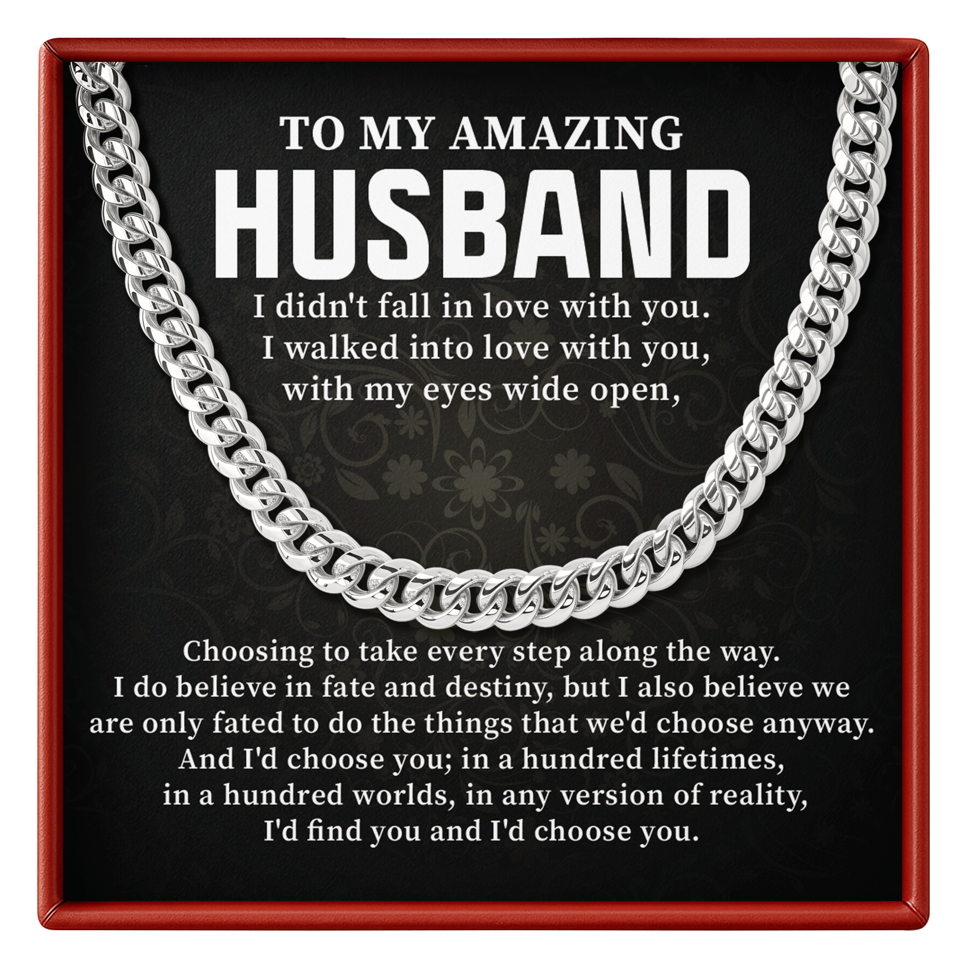 Silver chain necklace in a box with romantic message for an amazing husband.