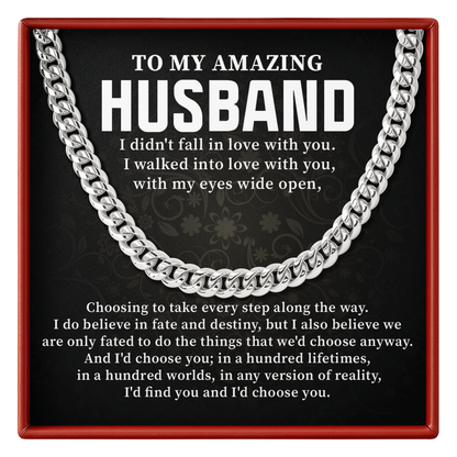 Silver chain necklace in a box with romantic message for an amazing husband.