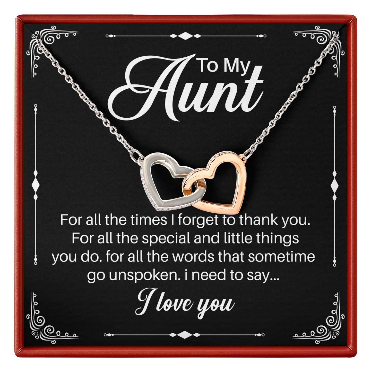 Necklace with interlocking hearts on a card for Aunt with heartfelt message.