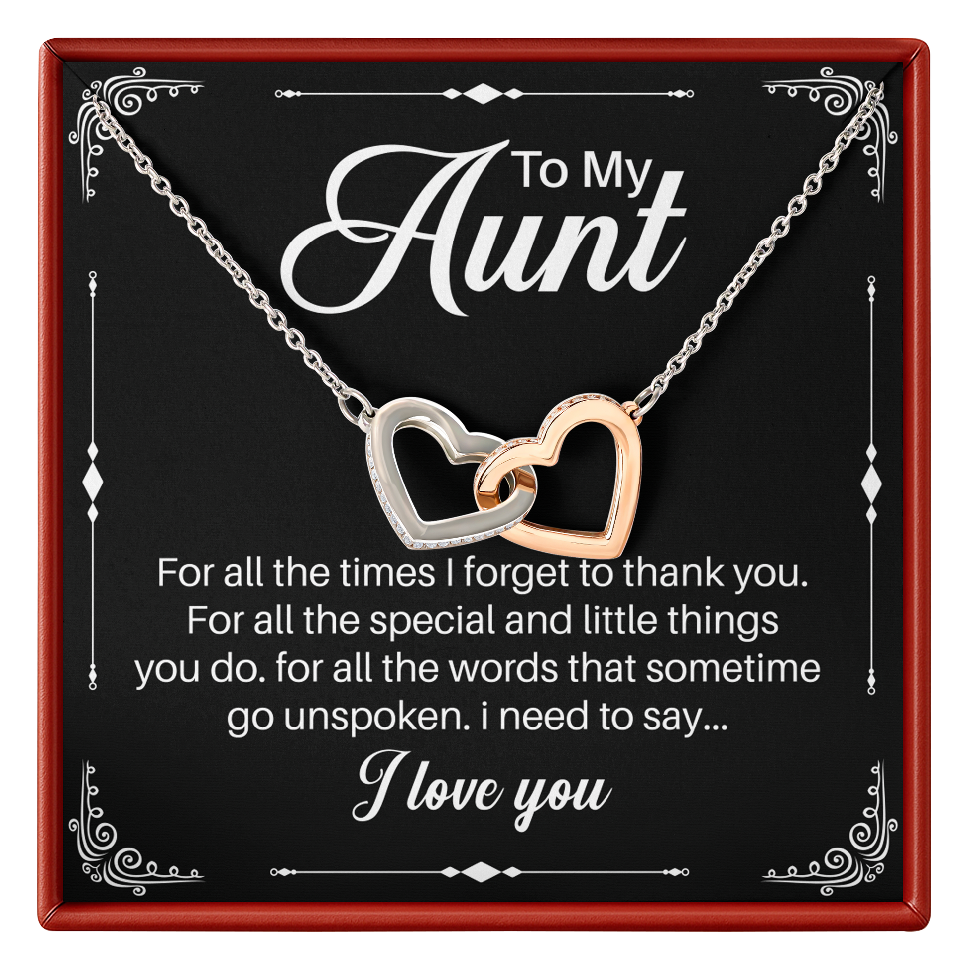 Necklace with interlocking hearts on a card for Aunt with heartfelt message.
