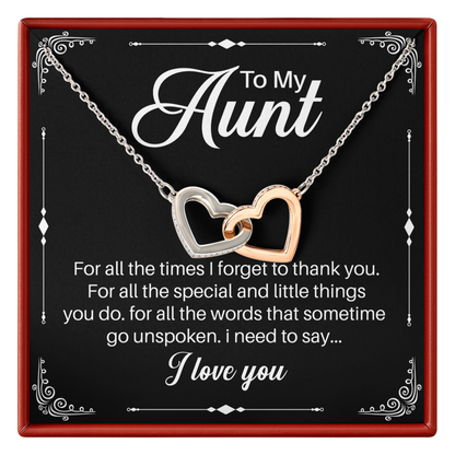 Necklace with interlocking hearts on a card for Aunt with heartfelt message.