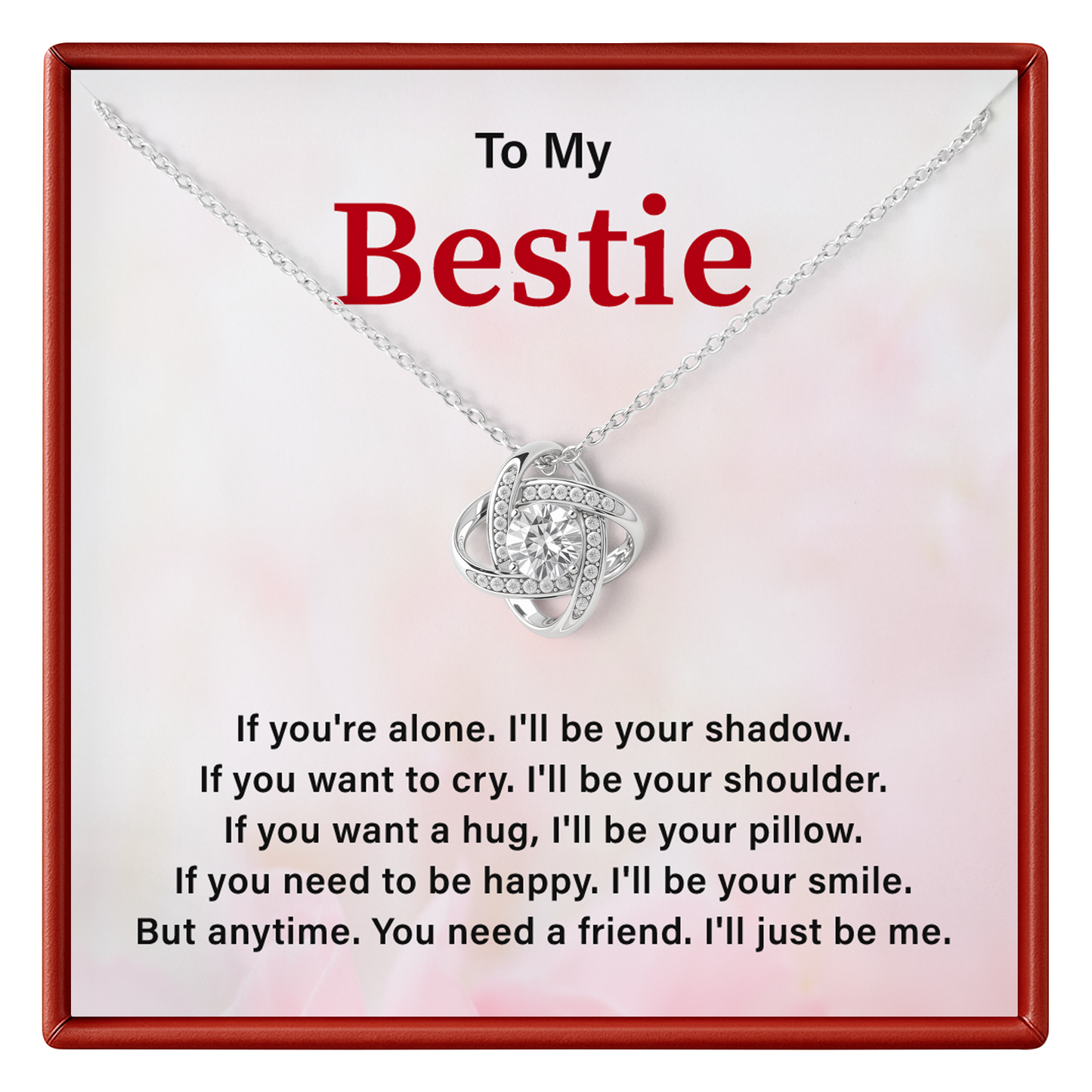 Necklace with heart pendant on a card for 'Bestie' with sentimental message.