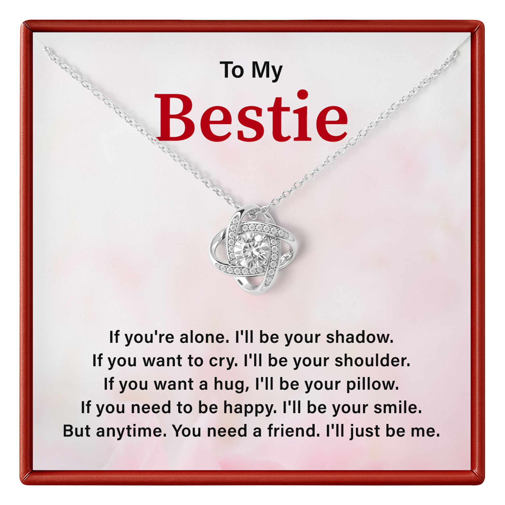 Necklace with heart pendant on a card for 'Bestie' with sentimental message.
