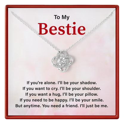 Necklace with heart pendant on a card for 'Bestie' with sentimental message.