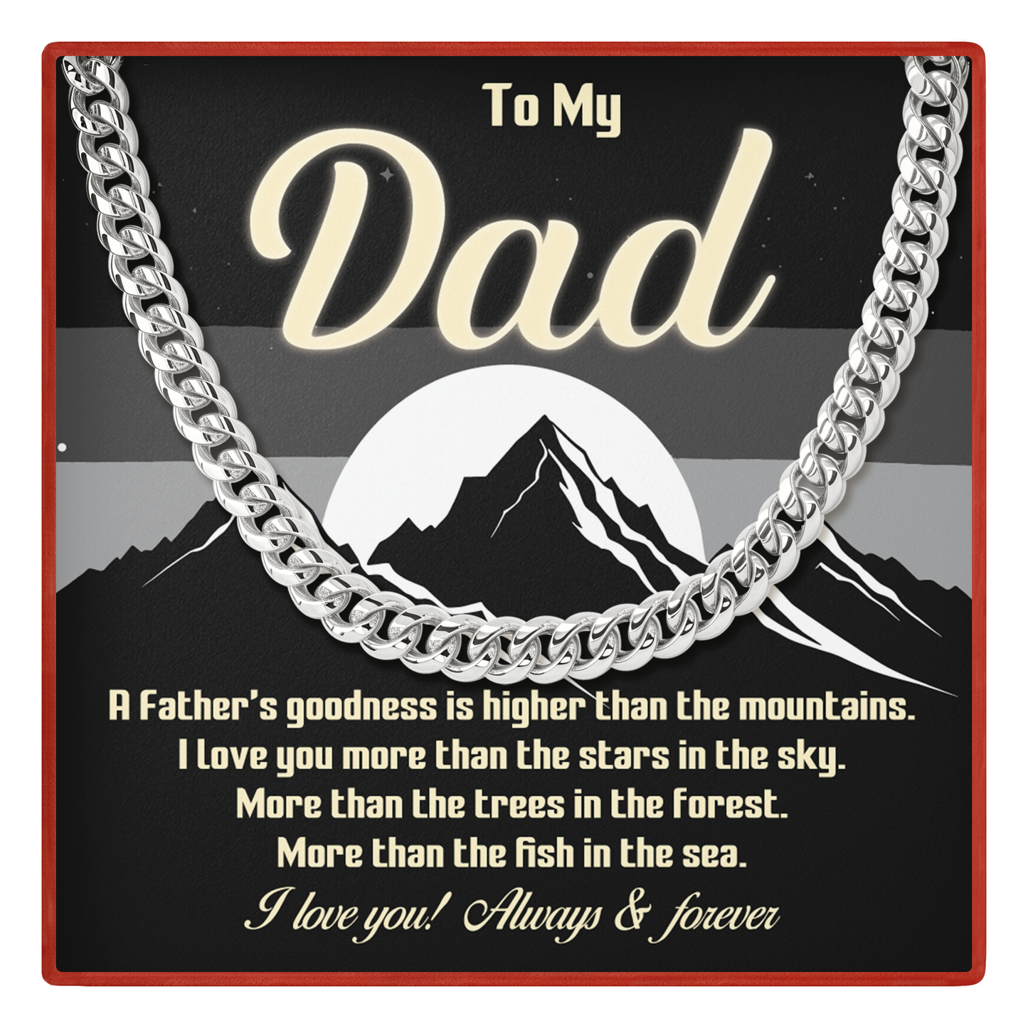 Silver chain necklace with a sentimental message for Dad on a black background with mountain design.