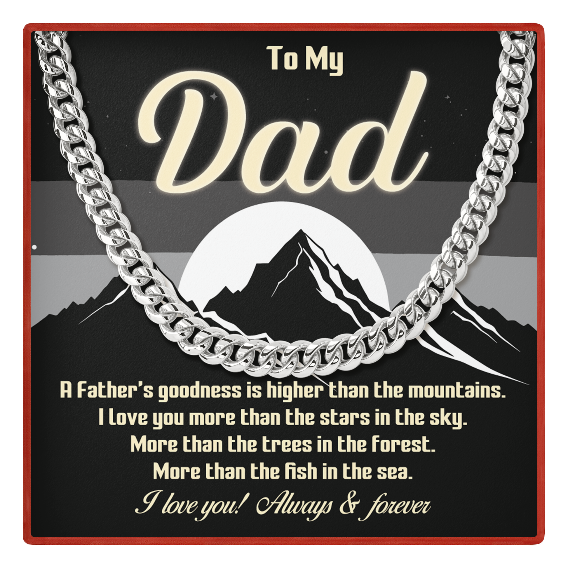 Silver chain necklace with a sentimental message for Dad on a black background with mountain design.