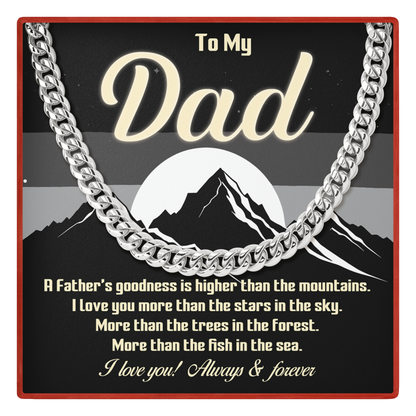 Silver chain necklace with a sentimental message for Dad on a black background with mountain design.