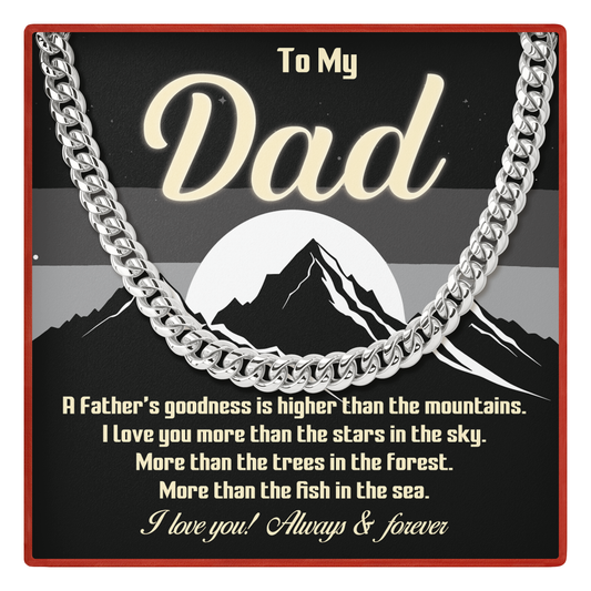Silver chain necklace with a sentimental message for Dad on a black background with mountain design.