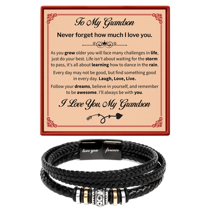 Black braided bracelet with metal charms on a card with text, on a white background for grandson