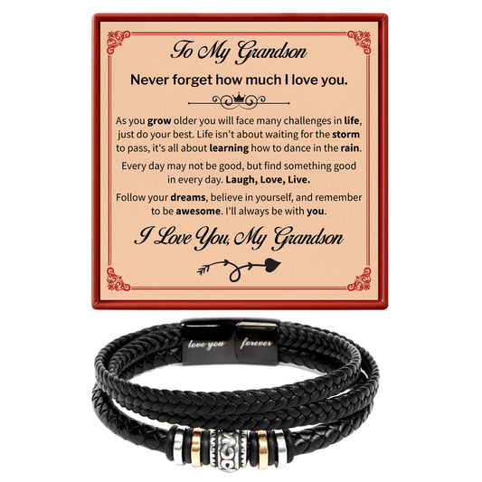 Black braided bracelet with metal charms on a card with text, on a white background for grandson