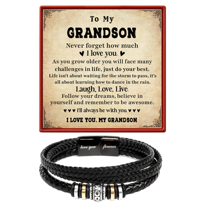 black braided bracelet with engraved message on a decorative card, set against a white background for a grandson