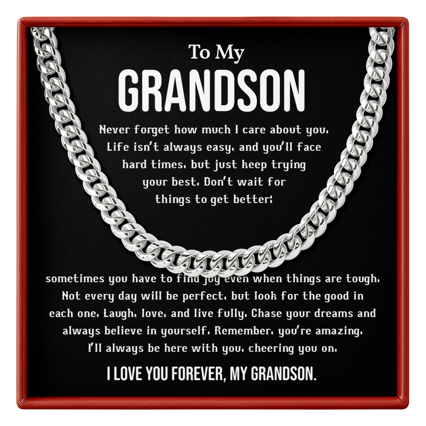 Silver chain necklace with a message to a grandson on a black background
