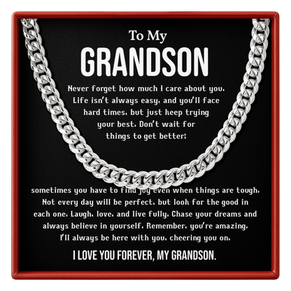 Silver chain necklace with a message to a grandson on a black background