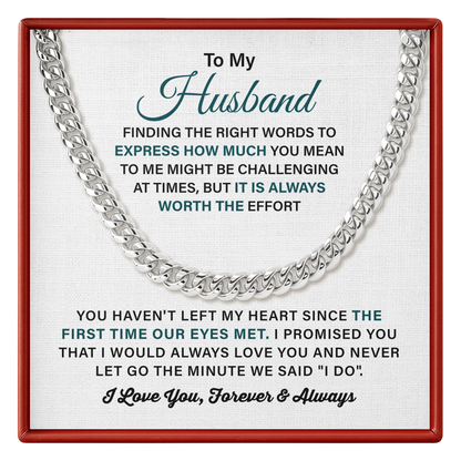 Silver chain necklace on a card with romantic message for husband
